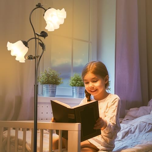 Image of HMVPL Black Floor Lamp for Living Room, Flower Standing Lamp with 2 LED 5W Blubs, Foot Switch, Floral Tall Lamp with Acrylic Shade, Antique Lotus Flower Floor Lamp for Living Room Office Reading