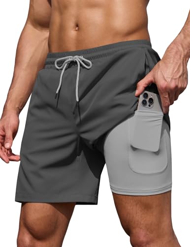 COOFANDY Mens Swim Trunks 7 Inch Board Shorts Swimwear Summer Beach 5 Inch Quick Dry Lined Bathing Suits Dark Grey Gray - image 1