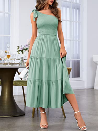 Merokeety Women's Summer Bohemian One Shoulder Sleeveless Split Flowy Pleated Midi Dress,Sage,S #TOP1