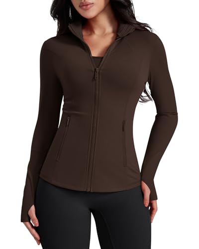 AVGO Womens Workout Jackets Lightweight Athletic Zip Up Jacket Slim Fit Running Gym Top with Pockets & Thumb Holes(Roasted Brown S)