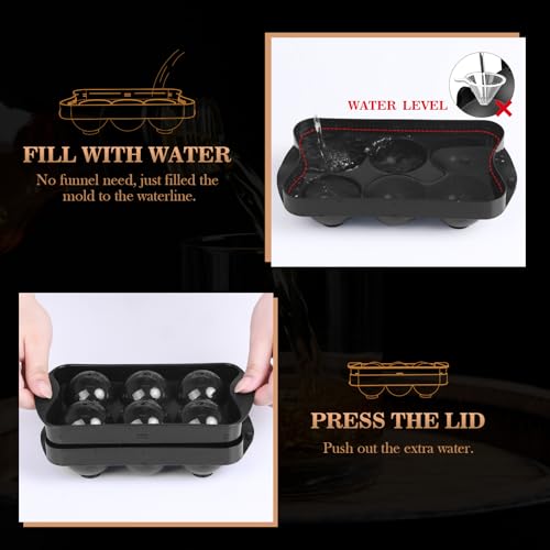 Whiskey Ice Ball Maker with Lid and Bin, 1.9" Round Ice Cube Trays for Freezer, Large Sphere Whisky Ices Cubes Tray Circle with Bucket&Tong, Cocktail Bourbon Brandy Scotch(Black-6 Balls*2 Pack) - Image 5