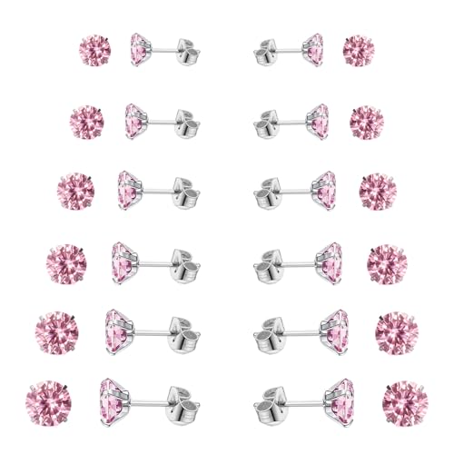 6 Pairs Stud Earrings Set for Zirconia Earrings Stainless Steel Flat Back Earrings Trendy Cartilage Shine Stacks Set for Women M