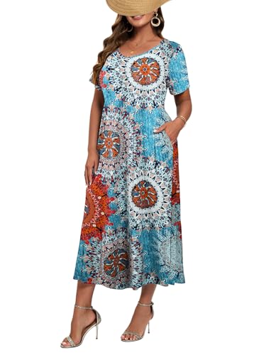 LARACE Plus Size Dresses for Women Summer Casual Short Sleeve Long Dress Flowy Maxi Beach Dresses with Pockets L-6XL