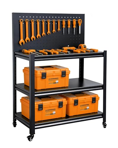 Pterying 52" Rolling Work Table, Adjustable Height Workbench with Lockable Wheels, Pegboard, Heavy Duty Mobile Work Bench for Garage, Tool Workshop, Woodworking and Mechanics