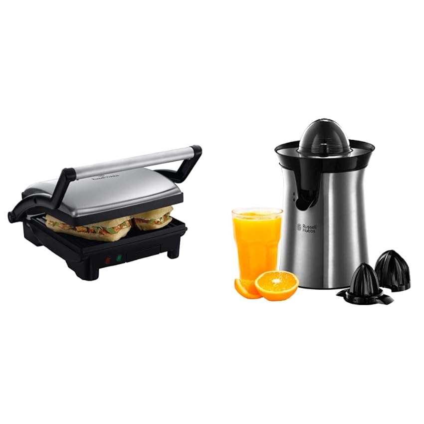 Russell Hobbs Griglia Elettrica, Tostapane, Scalda Panini Grill 3in1, 1800 W, Piastre antiaderenti & Spremiagrumi Elettrico, Bicchiere Grande e Piccolo, Rotazione bidirezionale