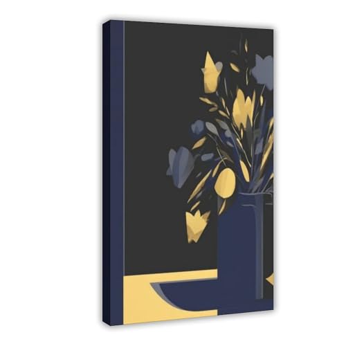 Impression sur toile vase bleu foncé or décoration murale salon chambre 20x30