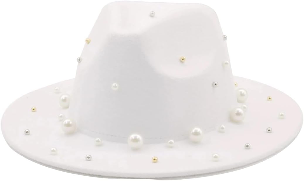 Faux Wool Felt Top Hat with Pearl Decoration Wide Brim Design for Parties and Events