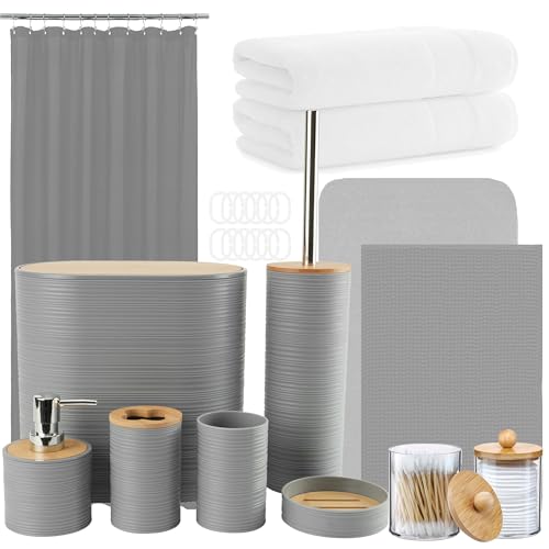 Icegrey 25-teiliges Bambus-Badezimmer-Zubehör-Set mit Duschvorhang-Set und Teppichen, Becher, Zahnputzbecher, Seifenspender, Seifenschale, WC Bürste, Mülleimer, Qtip Halter und Handtuch, Grau Icegrey 25-teiliges Bambus-Badezimmer-Zubehör-Set mit Duschvorhang-Set und Teppichen, Becher, Zahnputzbecher, Seifenspender, Seifenschale, WC Bürste, Mülleimer, Qtip Halter und Handtuch, Grau