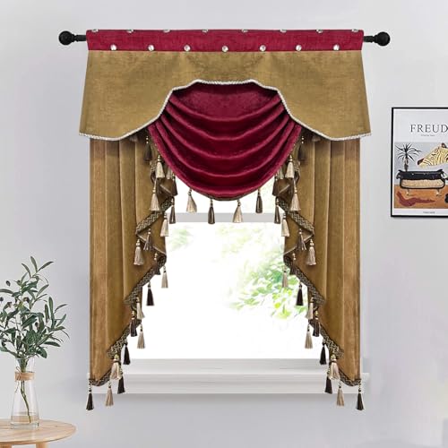 NewWPKIRA European Brown Burgundy Waterfall Valances for Windows Swag Waterfall Valance with Beads European Chenille Curtain Valance for Living Room 1 Panel