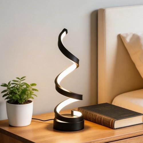 NCONCO Spiral LED Table Lamp for Bedroom, USB Powered Desk Light, Three Color Dimmable Bedside Lamp, Minimalist Twisted Decorative Black Bedside Night Light, Suitable for Bedroom Living Room Office
