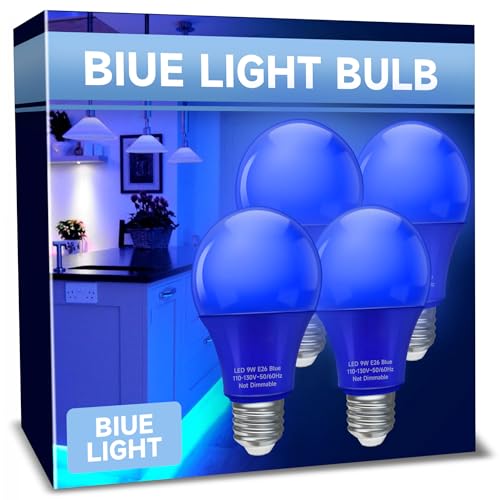UNILAMP LED Blue Light Bulbs, E26 LED Bulb Blue Lights for Christmas, 9W Equivalent 60W, Blue Colored Light Bulbs for Outdoor Porch, Party Decoration, Holiday Home Lighting, Halloween, 4 Pack