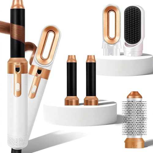 5 in 1 Hair Styler & Air Styler Hair Dryer Brush Hot Air Brush Hair Brush Set with Detachable Curling Wand Hair Curlers Straightener Brush for Volumising & Styling for Women (A - Gold & White)