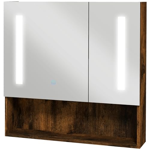 kleankin Armario de Baño con Espejo y Luz LED Espejo de Baño con Armario con 2 Puertas Interruptor Táctil Color de Luces y Estante Ajustable 70x15x70 cm Marrón Rústico