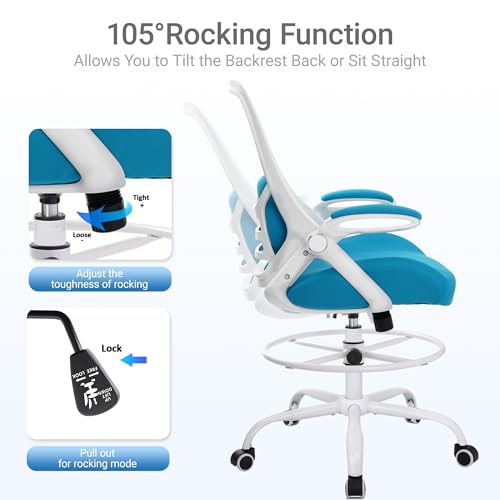 Image of HYLONE 400lbs Heavy Duty Drafting Chair 5 inch Thickened Seat Office Chair with Flip-Up Armrests Tall Ergonomic Computer Chair with Lumbar Support and Adjustable Footrest Ring Standing Desk Chair (Blue)