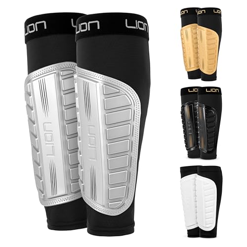 Football Sleeve Style Shin Pads/Guards - Flexible Comfort & Protection - For Kids & Adults - Silver (Large Adults)