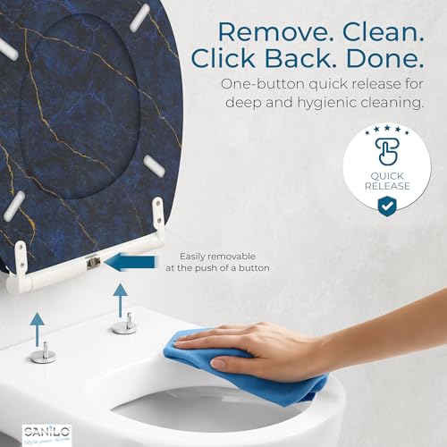 Image of Sanilo Wooden Toilet Seat with Quick Release & Soft Close [ROUND] - Decorative & Slow Close Molded Wood Seat - With One Click for Easy Installation & Cleaning - With Adjustable Fit (Marble Darkblue)