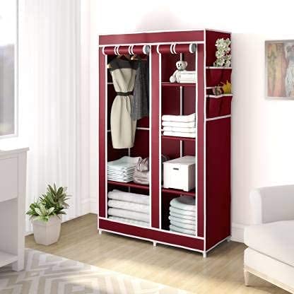 KEEKOS Collapsible Clothes Storage Wardrobe Cupboard with Shelves Cabinet/Dust-Proof Multipurpose Foldable Portable Non-Woven Fabric Closet Organizer with Hanging Space Wardrobe_Maroon