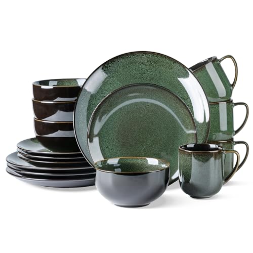 Image of LERATIO Ceramic Dinnerware Sets for 4,16-Piece Reactive Glaze Plates and Bowls Set with Mugs,Highly Chip and Crack Resistant | Dishwasher,Microwave & Oven Safe Dishes set-Green