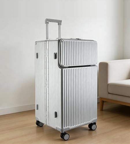 Image of feilario Super Large Aluminum Frame Zipperless Checked Luggage Front Pocket | Front compartment, PC shell and cup /phone holder keep 126L packing reachable for long trips, family travel and dorm moves