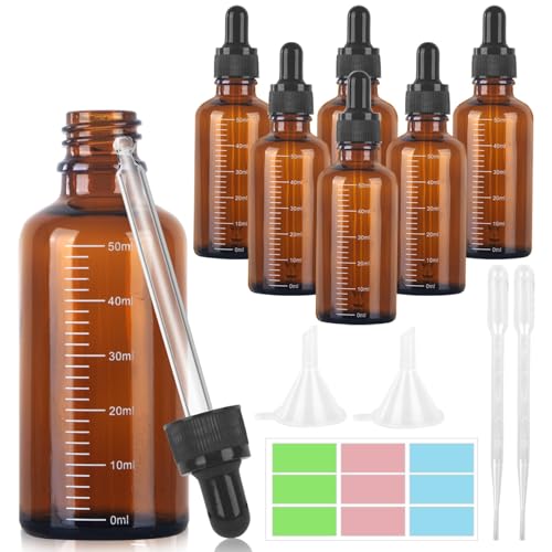 GROFIS 6 Piezas 50ml Ambar Frasco Cuentagotas Cristal, Botellas Cuentagotas con 2 Embudo 2 Cuentagotas 1 Pegatina, Goteros Botellas para Aceite Esencial Masaje Fragancia Aromaterapia Laboratorio