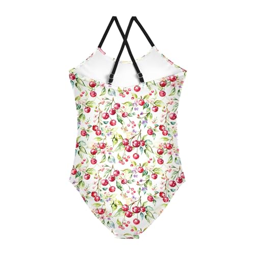 senya Girls Swimsuits One-Piece Swimwear Tie Bathing Suit Beach Summer Round Neck 9-10T White Watercolor Cherries2