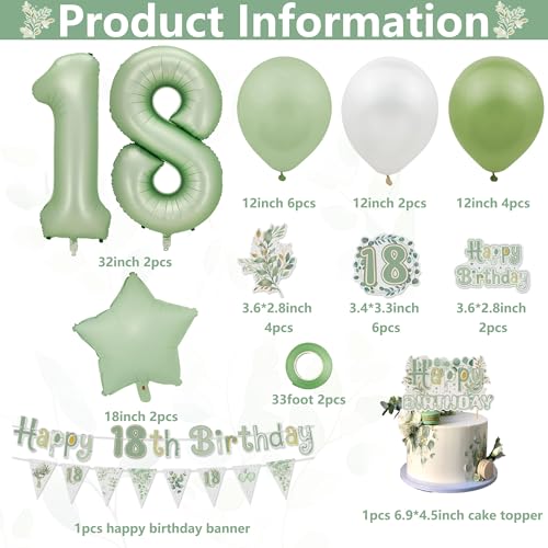Eucalyptus 18th Birthday Decorations for Girls Boys, Time to Adult Happy Birthday Banner Cake Topper Olive Green Foil Number 18 Balloons Kit for 18 Year Old Birthday Party Supplies - image 2