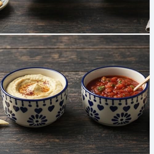 Image of Indigo Blossom 2-Piece Ceramic Dipping Bowl Set Housewarming Gifts - Microwave & Dishwasher Safe