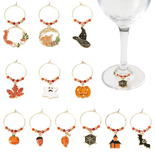 Sparkeads 12 ciondoli per bicchieri di vino di Halloween, etichette per bicchieri di vino, zucca, pipistrello, identificazione, per bicchieri da vino, feste e riunioni di famiglia, bomboniere per