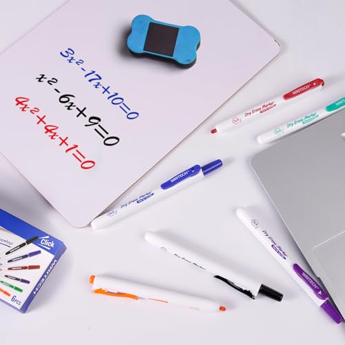 Image of WRITECH Retractable Dry Erase Markers: Fine Point Clickable Colored Ink Marker Low Odor Erasable Thin Tip Refillable Multicolor Whiteboard Marker Pen Set 6ct No Smear Bleed