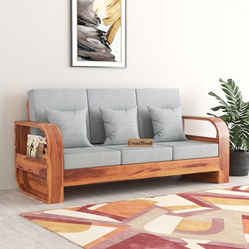 Image of Sheesham Wood 3 Seater Sofa with 40 Density Cushion for Living Room, Home Office - Solid Wood, Three Seater Sofa (Natural, Grey)