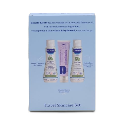 Image of Mustela Baby Travel Skincare Set - Diaper Rash Cream (50ml), Gentle Cleansing Gel (100ml), Hydra Body Lotion (100ml) - Gentle, Safe & Natural Care for Sensitive Baby Skin