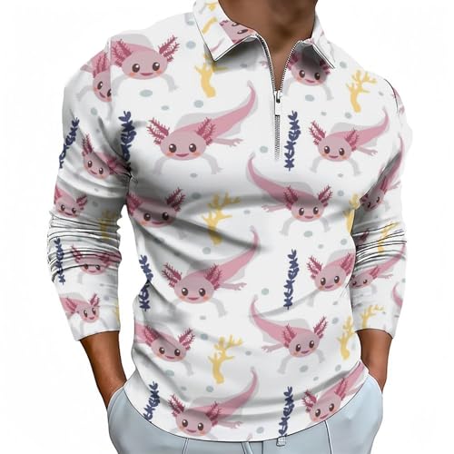 Polo de golf rose homme à manches longues zippé t-shirt sport original motif axolotl