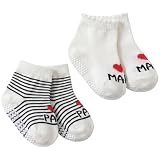 Lufdegim 2 Paar Baby Socken 0-6 Monate Baumwolle Anti Rutsch Baby Socken LOVE Mama und Papa Baby Neugeborenen Geschenk Süße Babysachen für Geburt Junge Mädchen (Schwarz + Weiß)