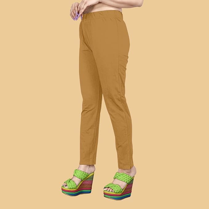 Image of Women's Solid Cotton Lycra Pants-High Waist Slim Fit Stretchable Leggings - Comfortable Long Trousers for Casual, Office & Everyday Wear