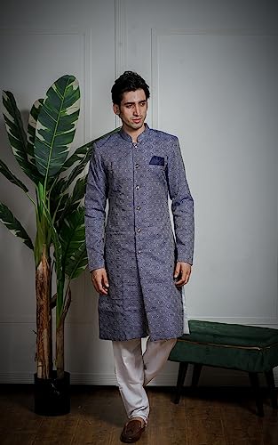 Image of Amzira Men's Soft Cotton Indo Western Kurta Pyjama Set with Mandarin Collared Neck Long Sleeves Button Closure and Solid Pant