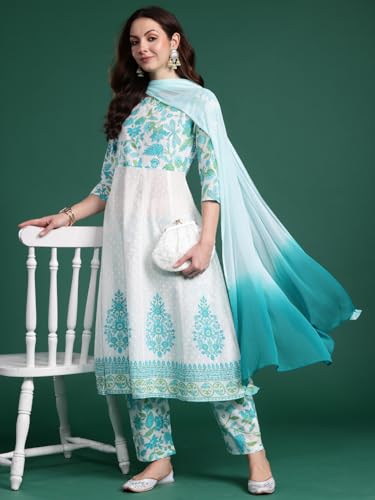 Image of INDO ERA Women's Pure Cotton Anarkali Floral Printed Kurta and Pant with Dupatta Set (KH0WH10039)
