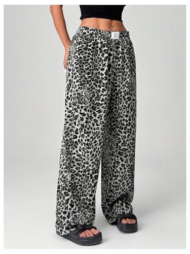 Image of RoseSeek Women's Letter Leopard Print Y2K Straight Elastic Waist Leg Pants | Cheetah Print, Straight, Baggy Loose Fit, Slant Pocket, Streetwear, Vintage, Graphic Trousers