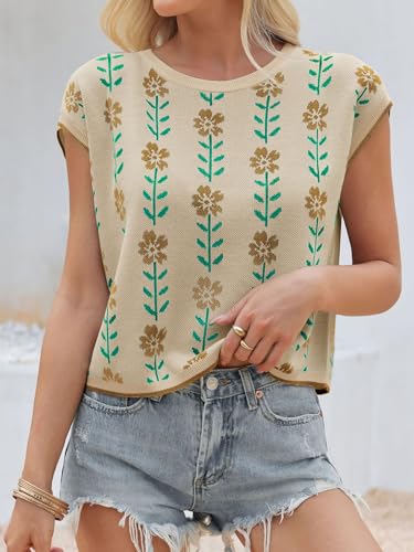 Image of Saodimallsu Womens Cap Sleeve Crop Tops Summer Color Block Going Out Crew Neck Knit Trendy Casual Sweater