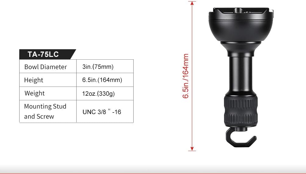 Sunwayfoto TA-75LC 75mm Leveling Half Ball Adapter + Lever Lock Clamp for Video Bowl Tripod Long Handle + Bubble Level + Sandbag Hook