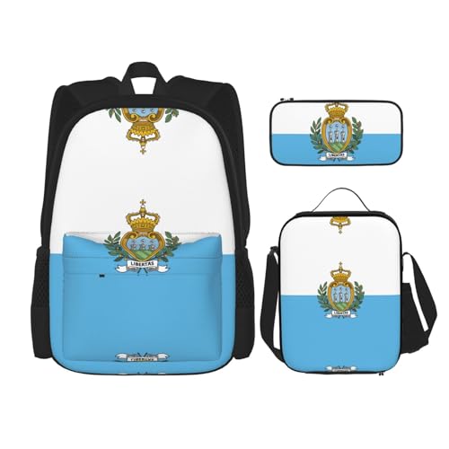 Flag Of San Marino Print 3 Piece Set Backpack, Lunch Bag, Pencil Case, Cute Sturdy For College And Travel