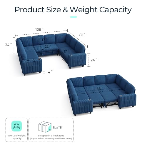 Image of LINSY HOME Sectional Sleeper Sofa with Pull Out Couch Bed - Convertible Plush Corduroy Cloud Couch with Storage Chaise & USB Charging, Comfy Modular Couches for Living Room, Blue