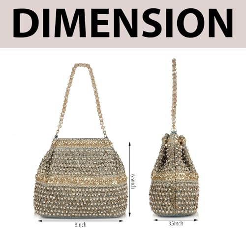Image of Nevis Silk Fabric Premium Pearl & Crystal Embroidered Potli Bag for Women | Ethnic Bridal Clutch with Golden Handle | Party & Wedding | Potli Bag