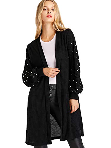 Floerns Women's Open Front Pearl Beading Lantern Sleeve Sweater Long Cardigan3
