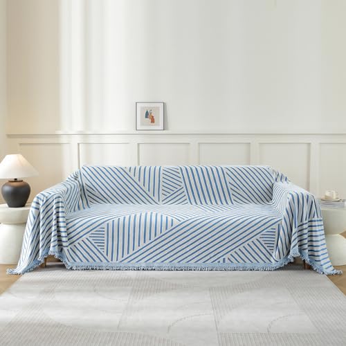 YSTELLAA Housse De Canapé 3 Places, 180×340CM, Protection Sofa, Jete De Canape Grande Taille Épaisses, Housse Universelle Four Seasons, Décoration Intérieure, pour Le Salon, Bleu-Line