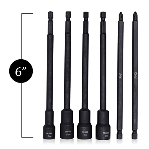 Tooleague 16Pc Impact Nut Driver Tool Set, 1/4 In Hex Shank Metric 6 In Long Shank Nut Driver Bits Magnetic Tip Sockets #TOP2
