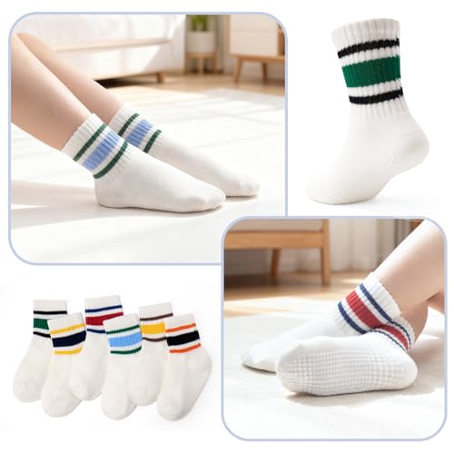 Image of Non-Slip Cotton Toddler Grip Crew Socks with Stripe Heart Animal