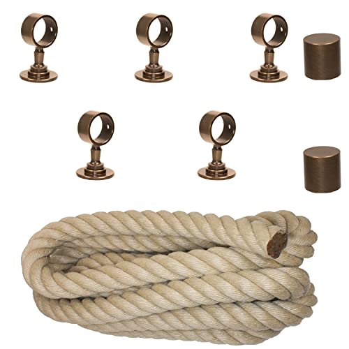Handlaufseil-Set Ø 30 mm – 5 m Polyhanf-Seil „Nature Touch“ naturfarben mit 2 Endkappen & 5 Seilträgern, bronziert | Treppe & Geländer