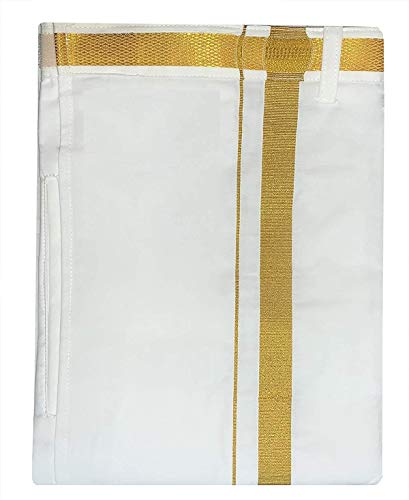 Mens Welcro Pocket DhotiVelcro Pocket munduSingle Pocket DhotiJari Cotton DhotiZari Cotton DhotiBranded Jari Cotton Pocket Dhoti,White With Golden Border,343