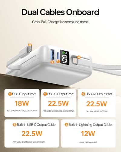 Image of Portable Charger 50000mAh Power Bank,Portable Phone Charger with 2 Built in Cables,22.5W Fast Charging Travel Essentials Battery Pack for iPhone /iPad /MacBook /Android /Samsung Galaxy, White