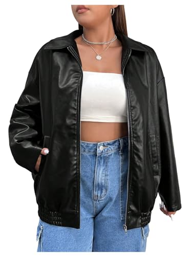 Women's Plus Size Faux Leather Jacket Zip Up Oversized Bomber Jackets Long Sleeve Motorcycle Coat Outwear with Pocket